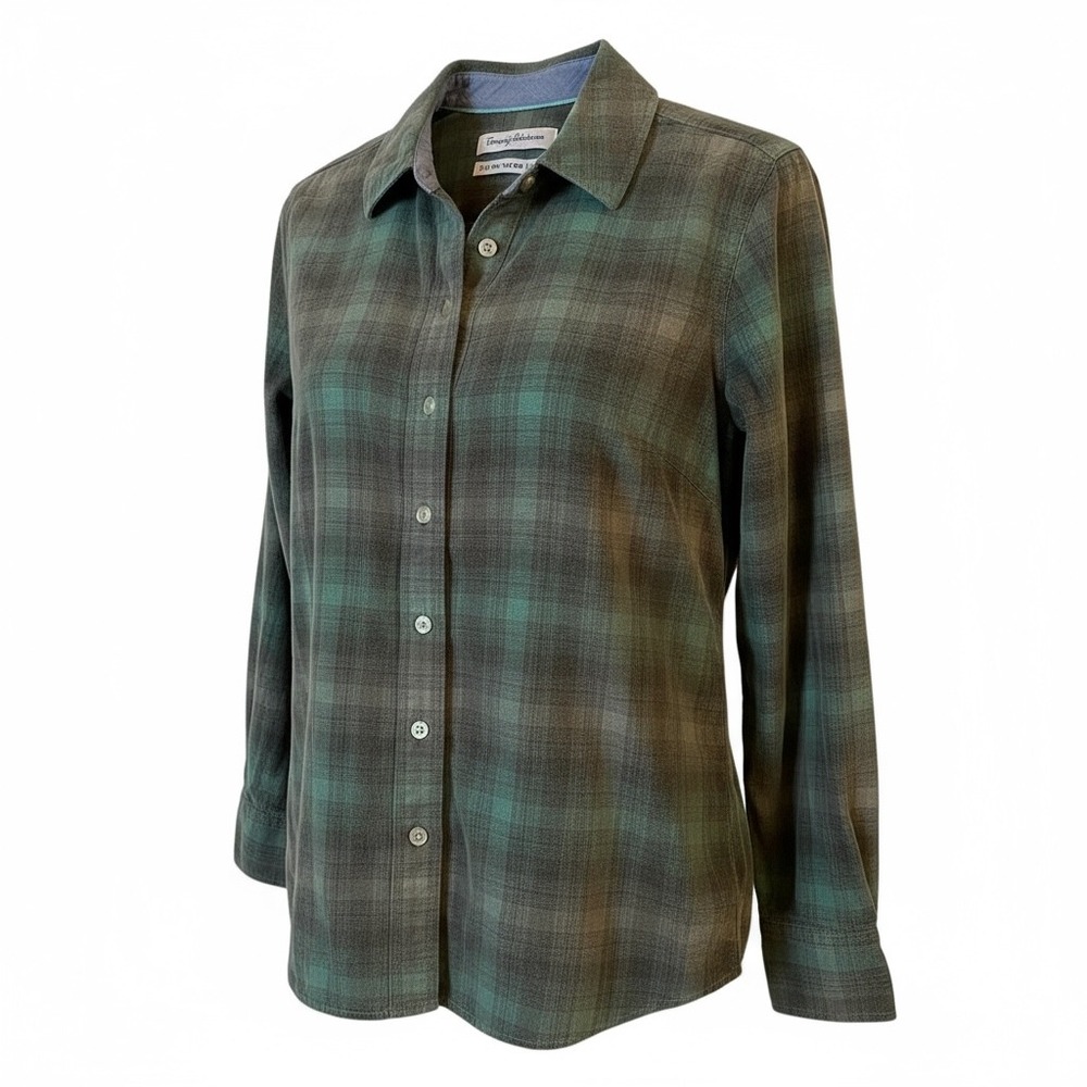 Tommy Bahama Island Life Corduroy Shirt Women XS Green Plaid Button Up Coastal